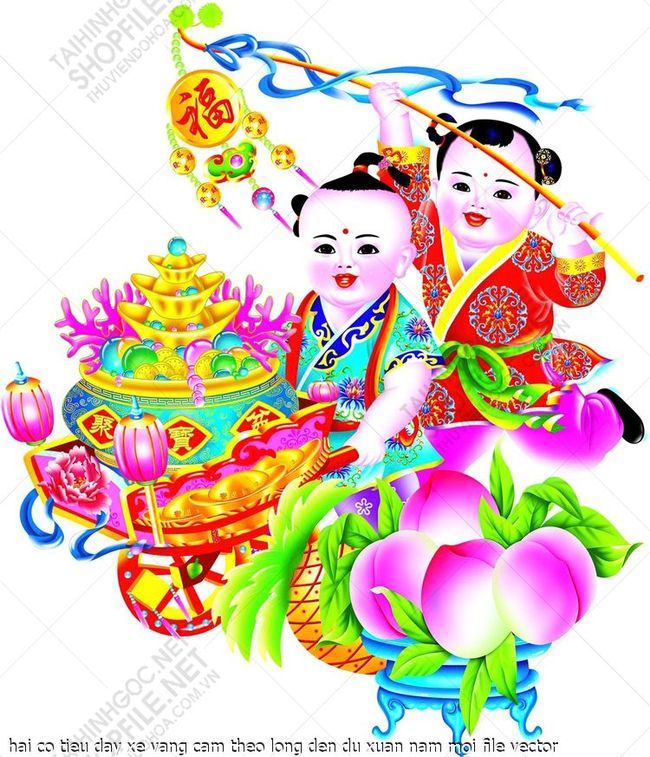 hai co tieu day xe vang cam theo long den du xuan nam moi file vector